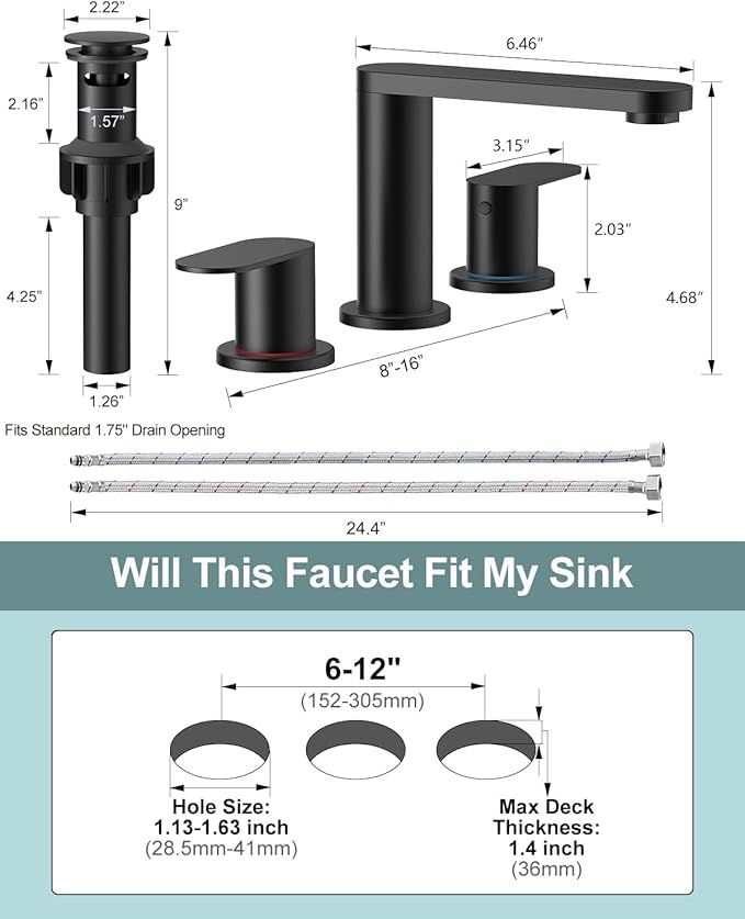 BWE 2 Pack Black Bathroom Faucet 3 Hole, Matte Black Bathroom Faucet 8 Inch Widespread, Pop-up Drain and Supply Lines, 360° Swivel Spout 2-Handle Bathroom Sink Faucets for Bath Vanity