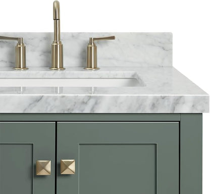 ARIEL Cambridge 36-inch Bathroom Vanity with Sink,Solid Wood, 1.5-inch Italian Carrara Marble Countertop, Single Rectangular Porcelain Sink, 2 Soft Closing Doors, 5 Dovetail Drawers, Vintage Green