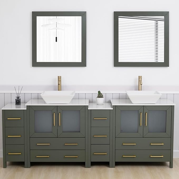 Vanity Art 84 Inch Vessel Double Sink Bathroom Vanity Cabinet with 2 Mirrors, Engineered Marble Top Bathroom Cabinet Compact Set with 10 Dovetail Drawers and Soft Closing Doors, VA3130-84VG