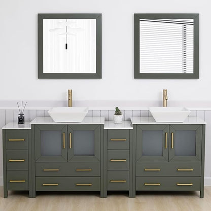 Vanity Art 84 Inch Vessel Double Sink Bathroom Vanity Cabinet with 2 Mirrors, Engineered Marble Top Bathroom Cabinet Compact Set with 10 Dovetail Drawers and Soft Closing Doors, VA3130-84VG