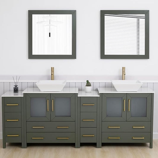 Vanity Art 84 Inch Vessel Double Sink Bathroom Vanity Cabinet with 2 Mirrors, Engineered Marble Top Bathroom Cabinet Compact Set with 10 Dovetail Drawers and Soft Closing Doors, VA3130-84VG
