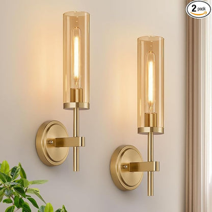 MOKATNG Hardwired Wall Sconces Set of Two, Brushed Gold Bathroom Sconces with Amber Glass, Modern Wall Light Fixtures for Bathroom Mirror Vanity, Living Room, Hallway, Stairway, Cabinet, Foyer