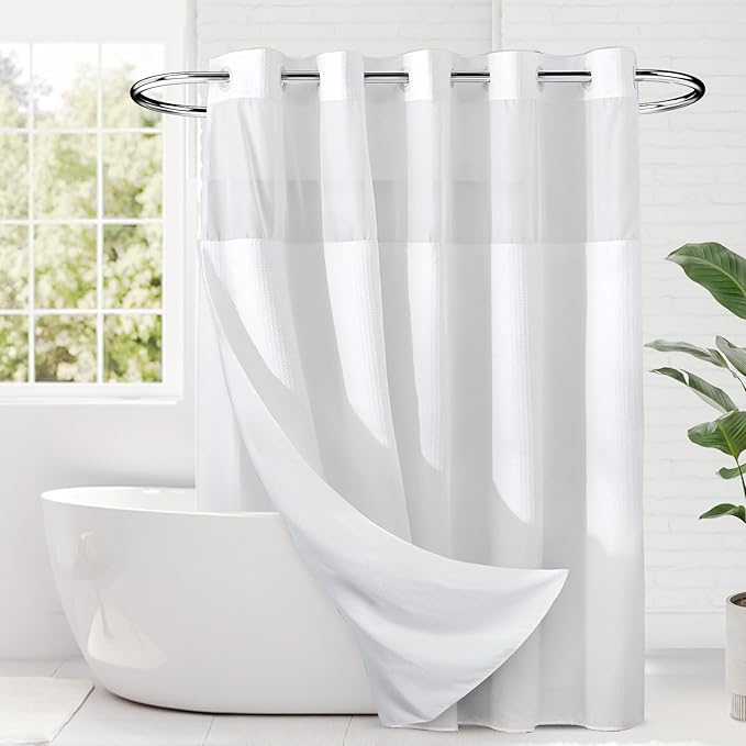 RiverDream Heavyweight Waffle No Hook Shower Curtain with Liner,White,71x74 | Dotted Waffle,Snap-in Liner,Heavy Duty,Quick Dry,Mesh Top Window,With Bottom Magnets,Hotel-Grade,Washable,Standard Size
