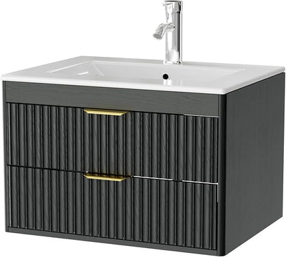 24 Inch Floating Bathroom Vanity with Sink, Bathroom Wall Cabinet with 2 Fluted Drawers & Metal Handle, Wall Mounted Cabinet for Bathrooms (Black, 24 inch, with Sink)