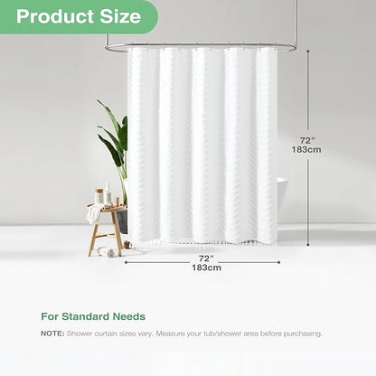 Dynamene Boho Farmhouse Shower Curtain, White Fabric Tufted Chevron Striped Textured Tassel Shower Curtains for Bathroom, Water Repellent, Minimalist Ruffled Cloth Shower Curtain Set with Hook, 72x72