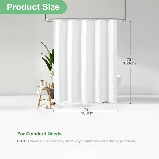 Dynamene White Boho Shower Curtain and Liner Set, Farmhouse Fabric Shower Curtain and Waterproof Clear Liner, Tufted Chevron Striped Textured Tassel Shower Curtains for Bathroom with 12 Hooks, 72x72