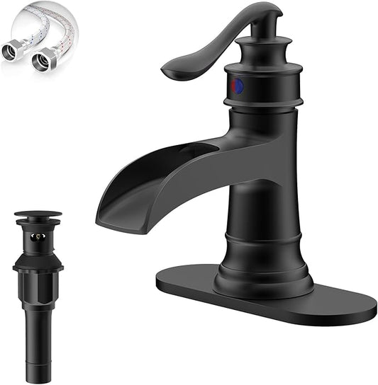 Matte Black Waterfall Bathroom Faucet, Single Handle Bathroom Sink Faucet 1 Hole or 3 Hole, Vanity Sink Faucet for Vintage Antique Lavatory Washroom with Pop Up Drain, Deck, 2 Hoses