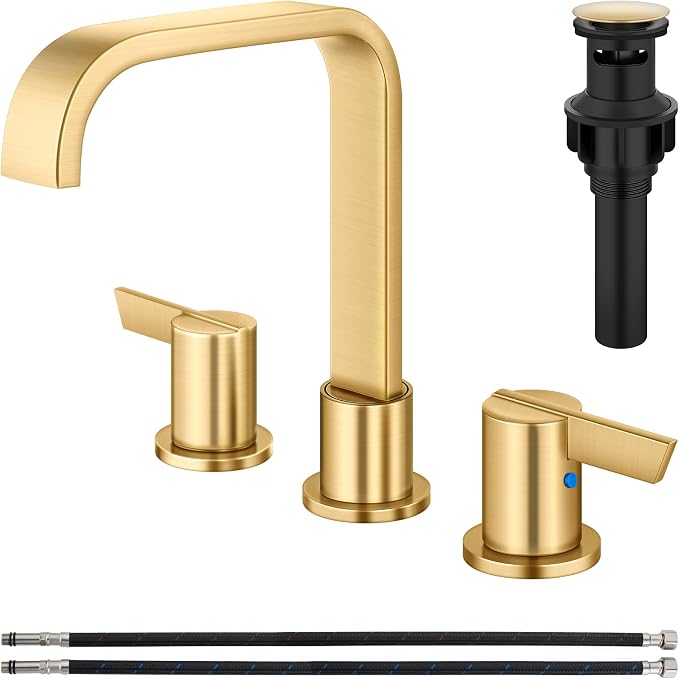 Brushed Gold Bathroom Faucet 3 Hole 8 Inch Widespread Waterfall | 2-Handle Vanity Faucet, Pop-Up Drain, Supply Lines, Adjustable 4- to 16-Inch Widespread Fit, 360° Swivel Spout