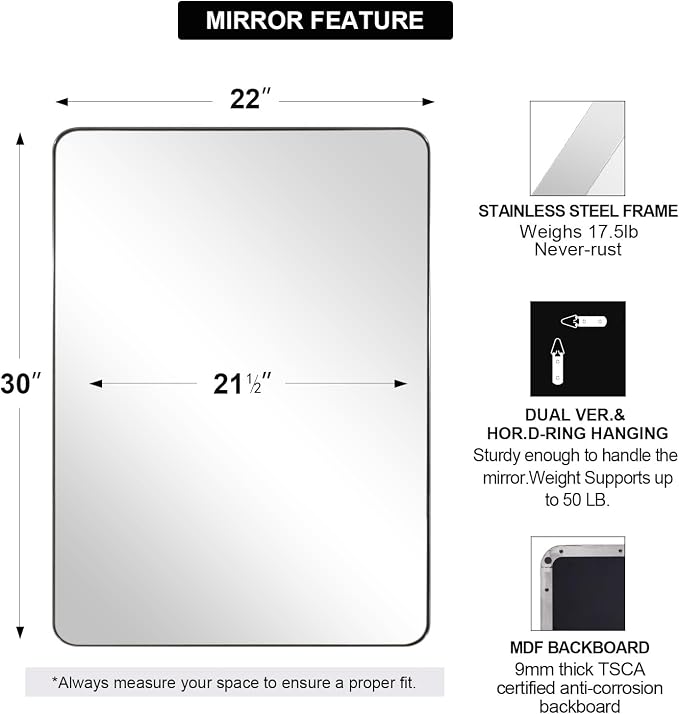 Chrome Mirror for Bathroom, 22"x30"Metal Frame Wall Mirror, Rectangular Stainless Steel Rounded Corner Mirror with 1" Deep Set Design Hangs Horizontal Or Vertical