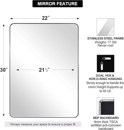 Chrome Mirror for Bathroom, 22"x30"Metal Frame Wall Mirror, Rectangular Stainless Steel Rounded Corner Mirror with 1" Deep Set Design Hangs Horizontal Or Vertical