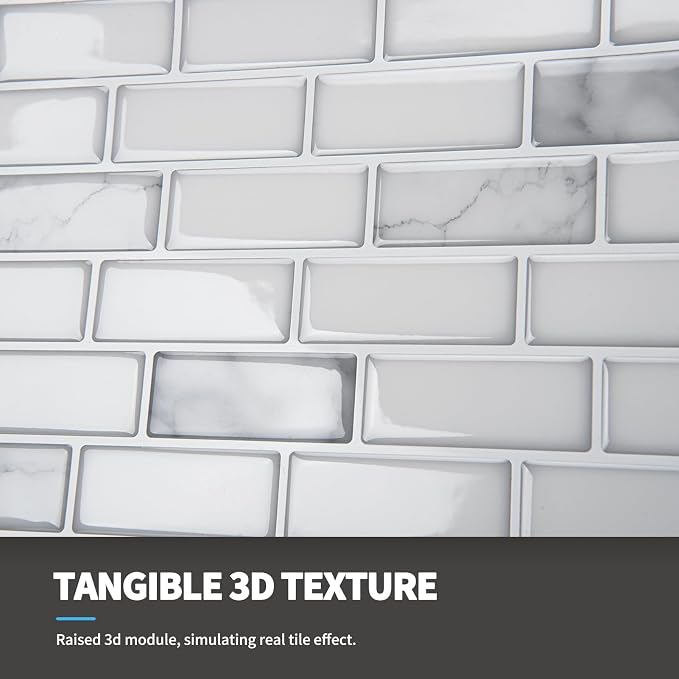 Art3d 10-Pack Peel and Stick Stone Backsplash Tile, 12" x 12", White Marble | Strong Adhesion, Lightweight, Cuttable, Waterproof, Fadeless, Crack Resistant, for Kitchen, Bedroom, Ideal for Recently Moved