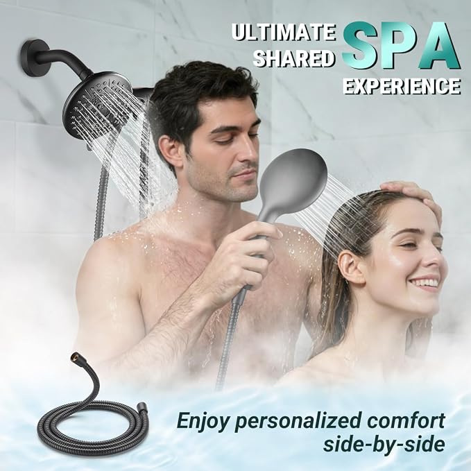 Cobbe® Dual Shower Head Combo, Handheld & Fixed, Matte Black | Two Full-Size Shower Heads, 59'' Stainless Steel Hose, Water Saving with 3-Way Water Diverter, Tool-Free Installation