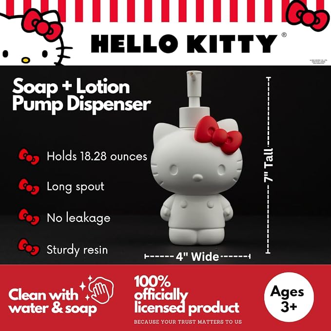Hello Kitty Soap/Lotion/Hand Sanitizer Resin Pump Dispenser, 10.36 Ounces, (Officially Licensed Product) by Franco