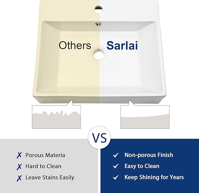 Sarlai Wall Mount Vessel Sink - 21 x 16 Inch Wall Mounted Bathroom Sink White Wall Hung Rectangle Porcelain Sink With Overflow Ceramic Basin Floating Lavatory Sinks