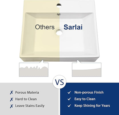 Sarlai Wall Mount Vessel Sink - 21 x 16 Inch Wall Mounted Bathroom Sink White Wall Hung Rectangle Porcelain Sink With Overflow Ceramic Basin Floating Lavatory Sinks