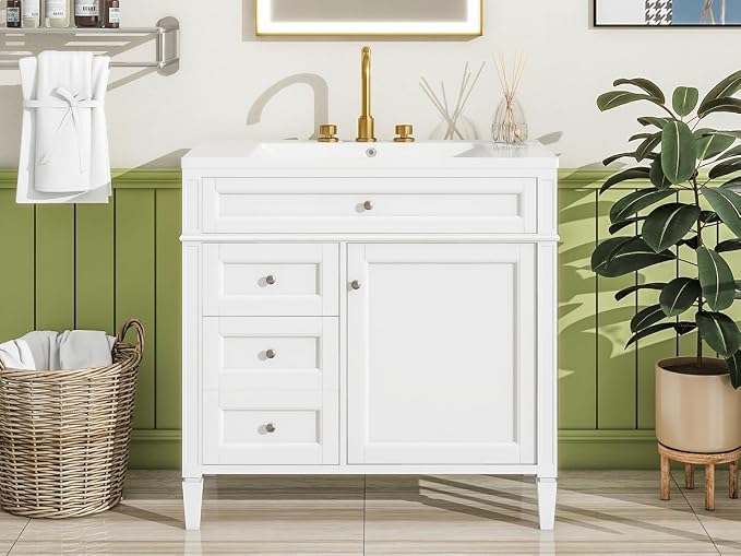 Merax 36 Inch Bathroom Vanity with Top Sink, Modern Bathroom Storage Cabinet with 2 Drawers and a Tip-Out Drawer, Solid Wood Frame Single Sink Bath Vanities, White