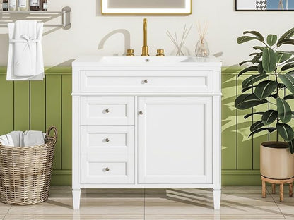 Merax 36 Inch Bathroom Vanity with Top Sink, Modern Bathroom Storage Cabinet with 2 Drawers and a Tip-Out Drawer, Solid Wood Frame Single Sink Bath Vanities, White