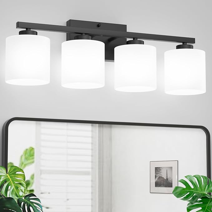 Honesorn 4-Light Vanity Lights, Matte Black Bathroom Light Fixtures | Black Bathroom Vanity Light, Wall Sconces with Milky White Frosted Shades Bedroom,E26 Socket(Bulbs Not Included)