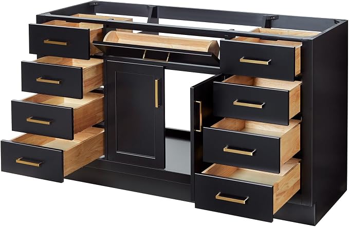 ARIEL Hepburn 60-inch Bathroom Vanity with Sink,Solid Wood, 1.5-inch Carbon Black Quartz Countertop, Single Rectangular Porcelain Sink, Soft Closing Doors, Dovetail Drawers, Black