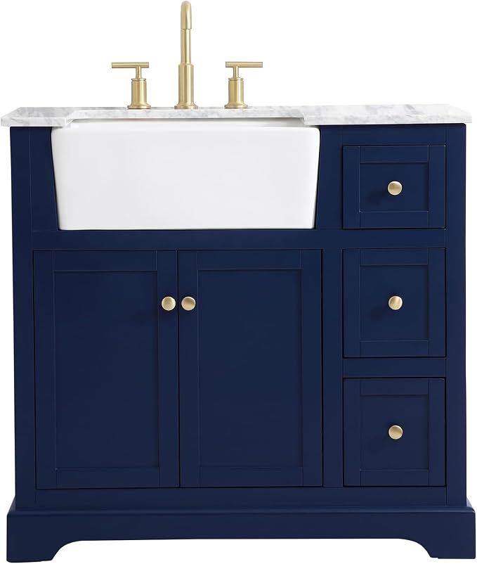 36" Pre-Assembled Bathroom Vanity with Sink, Solid Birch and MDF, Carrara White Marble Countertop Attached, Single Rectangle Porcelain Sink, 3 Soft-Close Drawers, Blue