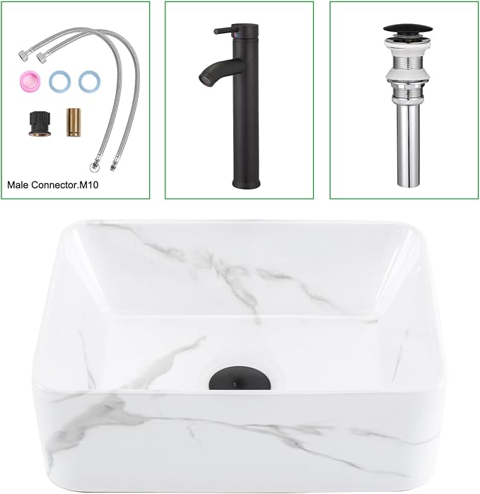 Bathroom Vessel Sink Combo with Faucet and Pop-up Drain, 16" x 12" Rectangular Porcelain Ceramic Basin with White Marble Pattern, Above Counter Sink for Vanity