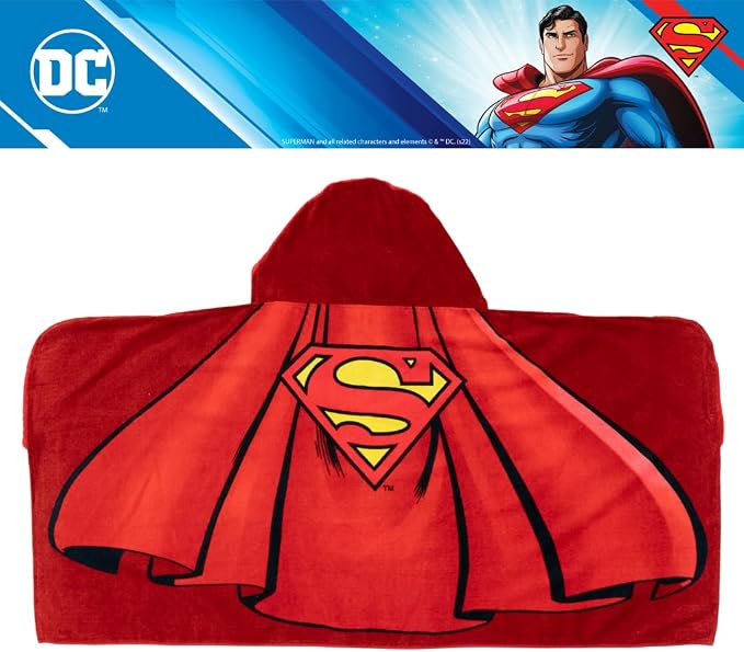 Franco Superman DC Comics Cape Kids Super Soft Bath/Pool/Beach Soft Cotton Terry Hooded Towel Wrap, 24 in x 50 in, (Officially Licensed Product)