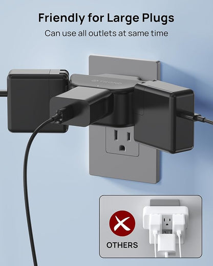 TROND 360 Rotating Plug Outlet Extender for Bathroom Kitchen, 2 Pack | Wall Plug Adapter with 3 Grounded Sockets, No Blocking with 3 Way Angled Design, Small Outlet Splitter for Home Office, Black