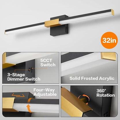 SOLFART Bathroom Vanity Lights 32-Inch: Black and Gold Dimmable 5 Color Temperature 360 Degree Rotation Bathroom Lights Over Mirror ETL IP44