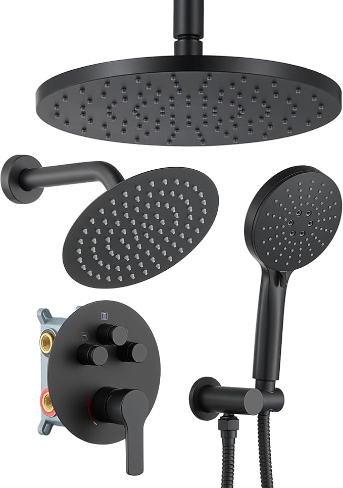 Iriber Matte Black Shower head with Handheld,8"+10" Rain Shower Faucet Set | 10 Inch Ceiling +8 Inch Wall Mount Dual Shower Heads,Push Button Diverter,3 Setting Handheld,Pressure Balance Valve Cartridge
