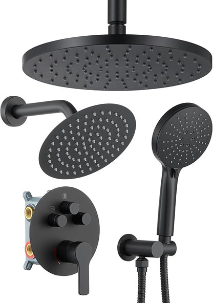 Iriber Matte Black Shower head with Handheld,8"+10" Rain Shower Faucet Set | 10 Inch Ceiling +8 Inch Wall Mount Dual Shower Heads,Push Button Diverter,3 Setting Handheld,Pressure Balance Valve Cartridge