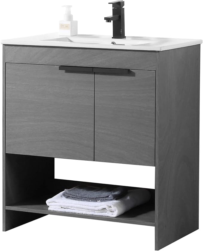 Phoenix 30 Inch Bathroom Vanity with Sink – Modern Design, Soft-Close Doors, Storage Drawers, Durable Build – Grey Vanity for Small Bathrooms (Full Assembly Required)