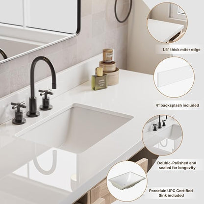 ARIEL 67 inch Bathroom Vanity top with Sink, 1.5 Inch Thick Miter Edge White Quartz top, Rectangle Single Porcelain Sink, Includes Backsplash