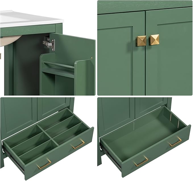 30" Freestanding Bathroom Vanity with Sink, Floor Stand Bathroom Storage Cabinet with Ceramic Sink, Doors with Double-Layered Storage Shelves, Modern Compact Vanity with Divided Drawer, Green