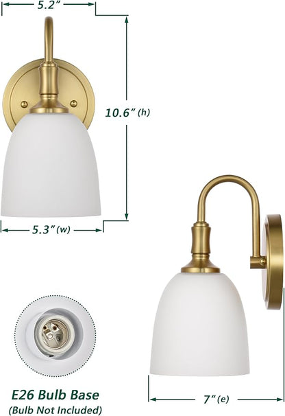 Gold Vintage Traditional 1-Light Indoor Wall Sconce with Frosted Glass Bathroom Bedroom Hallway, 10.6" H x 5.3" W, Aged Brass