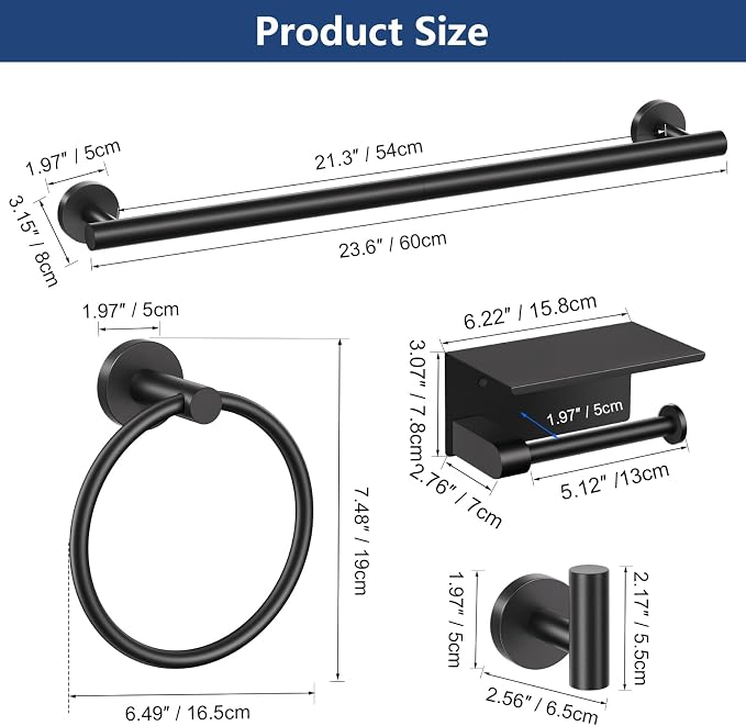 TQKAG Bathroom Hardware Set Black, 5 Piece Bathroom Towel Bar Holder Sets | SUS304 Stainless Steel, 23.6" Toilet Paper Holder with Shelf, Towel Racks for Bathroom Wall Mounted, Matt Black Towel Bars