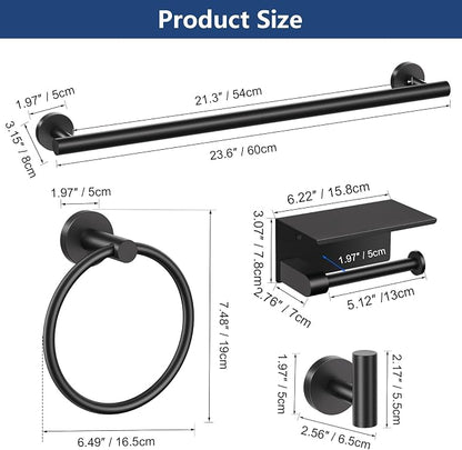 TQKAG Bathroom Hardware Set Black, 5 Piece Bathroom Towel Bar Holder Sets | SUS304 Stainless Steel, 23.6" Toilet Paper Holder with Shelf, Towel Racks for Bathroom Wall Mounted, Matt Black Towel Bars