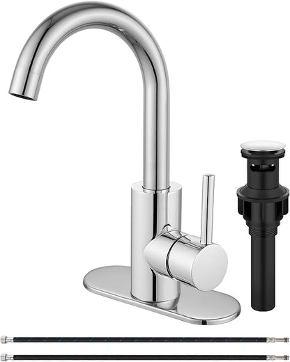 Midanya Single Hole Bathroom Faucet 1 Hole Bar Sink Faucet Suitable for Kitchen RV Vanity,304 Stainless Steel 360° Swivel Spout with Deck Plate and Pop-up Drain,Polish Chrome