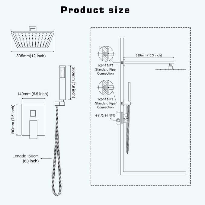 12 Inch Shower Faucet Set,Matte Black Shower System With Handheld | Square Shower Head with Shower Trim Kit And Handheld Shower Valve,Multi-function Rainfall,Rain Shower & Handheld Spray Combo