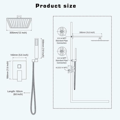 12 Inch Shower Faucet Set,Matte Black Shower System With Handheld | Square Shower Head with Shower Trim Kit And Handheld Shower Valve,Multi-function Rainfall,Rain Shower & Handheld Spray Combo