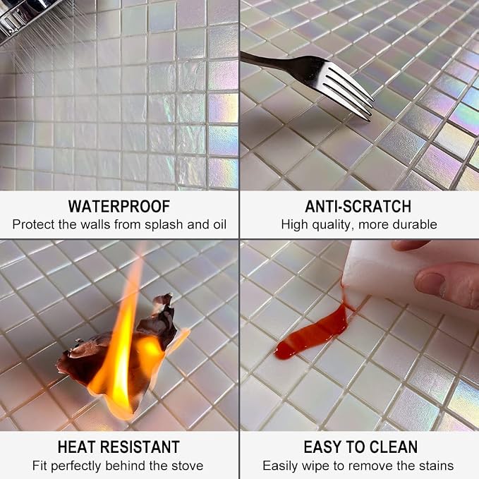 DICOFUN 2 White Rainbow Peel and Stick Backsplash, 6.6" x 6.6" Glass Mosaic Tile for Kitchen and Bathroom