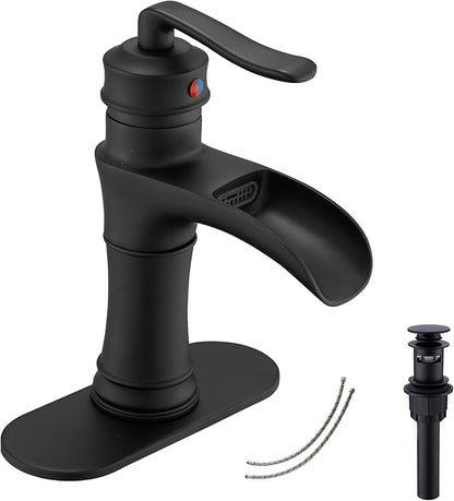 Waterfall Bathroom Faucet GGStudy Black Single Handle One Hole Farmhouse Matte Black Bathroom Vanity Faucet Basin Mixter Tap Deck Mount with Drain Assembly