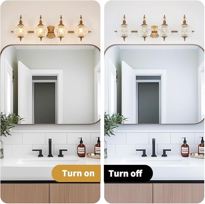 Brushed Gold Bathroom Vanity Light Fixture Vintage Style - 4 Light G9 Bulb Compatible, 30" Wide Bathroom Lighting Over Mirror with Hand-Etched Glass Shades, Easy Mount for Makeup Area