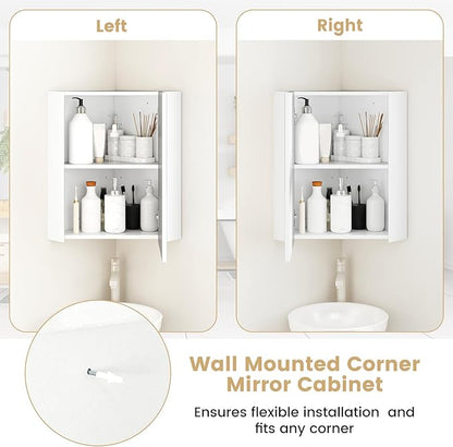 Giantex Corner Medicine Cabinet, 23.5” Over The Toilet Storage Cabinet with Mirror Door, Adjustable Shelf, Clear Reflection, Space-Saving Mirrored Cabinet, Bathroom Wall Cabinet for Entryway, White
