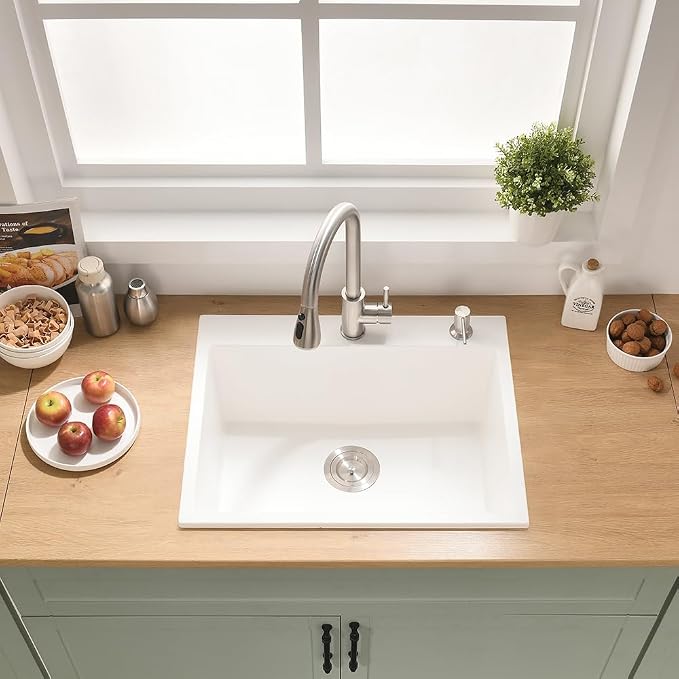 24 Inch White Drop in Bar Sink Quartz | 24x19 Inch Granite Composite Quartz Outdoor Rv Topmount Sink Single Bowl Wet Bar Sink with Small Rubber Squeegee