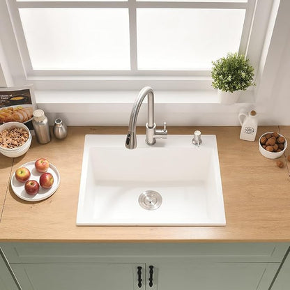 24 Inch White Drop in Bar Sink Quartz | 24x19 Inch Granite Composite Quartz Outdoor Rv Topmount Sink Single Bowl Wet Bar Sink with Small Rubber Squeegee
