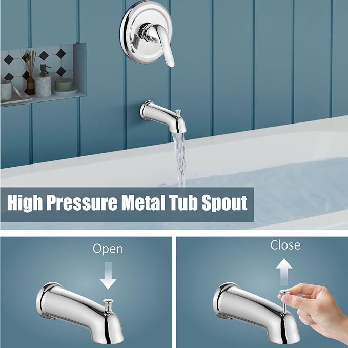 Aolemi Tub Shower Faucet Set Dual 8 Mode Head Valve Kit Polish Chrome | Valve and Trim Kit, ABS Shower Head and Handheld System, Bathroom Bath Tub Spout 6.3",SUS304,Single Handle