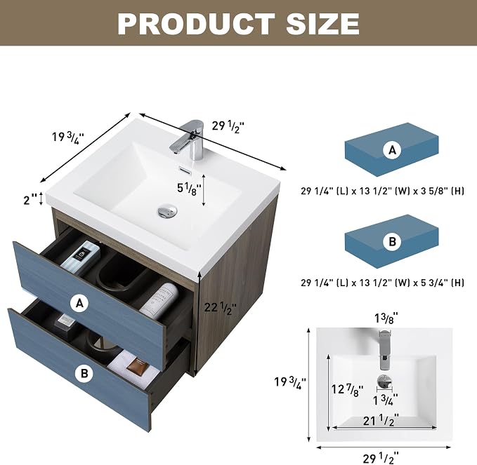 Floating Vanity Bathroom, 30 Inch Bathroom Vanity with Sink, Wall Mounted Single Sink Bathroom Vanity, Soft Closed 2 Drawers, Integrated Sink (Ash Grey)