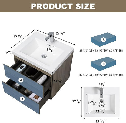 Floating Vanity Bathroom, 30 Inch Bathroom Vanity with Sink, Wall Mounted Single Sink Bathroom Vanity, Soft Closed 2 Drawers, Integrated Sink (Ash Grey)