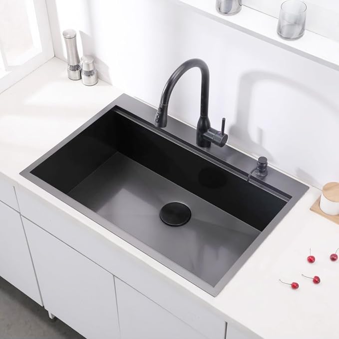 VAPSINT 28x18 Inch Black Drop In Kitchen Sink, 28 Inch Gunmetal Black Top Mount Extra-Thick Stainless Steel Single Bowl Sink RV Laundry Utility Prep Sink with Drain Strainer & Metal Grid