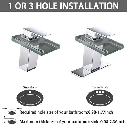 LED Bathroom Sink Faucet, Chrome Waterfall Single Hole Handle Vanity Faucets for Sinks 1 Hole with Metal Pop Up Drain and 2 Water Supply Lines, Open Glass Spout